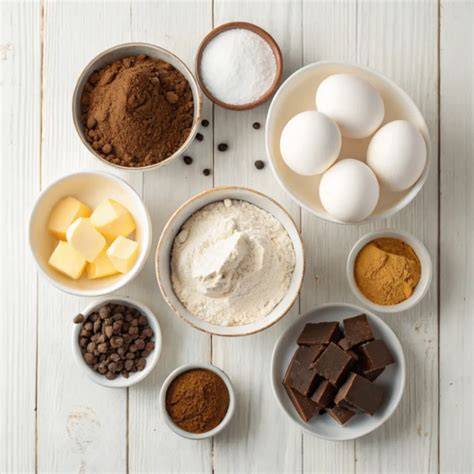 Zutaten-Flatlay: Butter, Kakao, Zartbitterschokolade, Eier, Mehl, Mascarpone