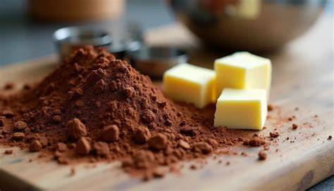 Zutaten-Setup: Schokolade, Butter, Sahne, Weinbrand und Kakao auf Arbeitsfläche