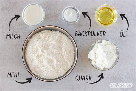 Zutatenbild Quark-Öl-Teig (Mehl, Quark, Öl, Ei, Milch, Backpulver, Zucker, Salz)