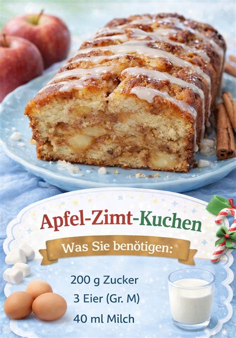 Zutatenliste als Infografik: Mehl, Butter, Zucker, Zimt, Äpfel, Milch, Eier