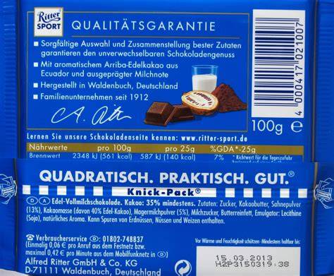 Zutatenliste einer Ritter Sport Schokolade