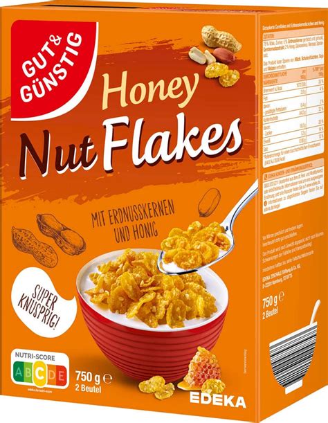 Zutatenliste und Makronährstoffanteile klassischer Cornflakes mit Honig und Nüssen
