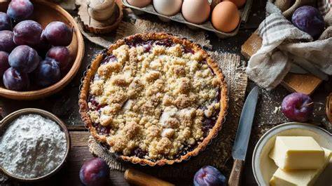 Zwetschgenkuchen mit knusprigen Streuseln auf rustikalem Holztisch