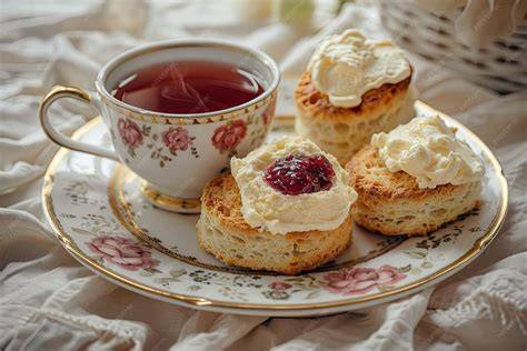 afternoon tea mit scones und teekuchen