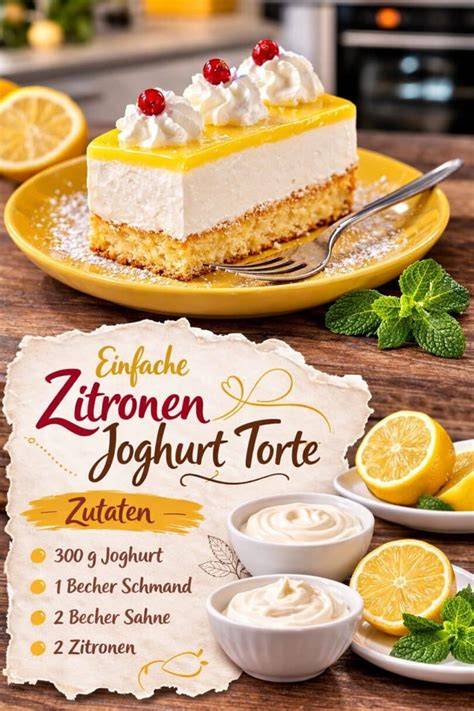 anschnitt zitronen-joghurt-torte auf teller