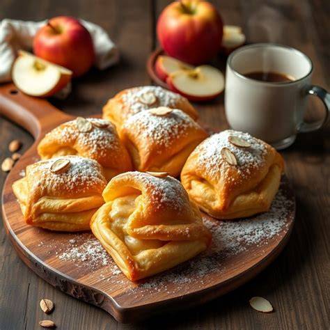 apfel marzipan taschen auf rustikalem holzbrett, frische äpfel und marzipan daneben