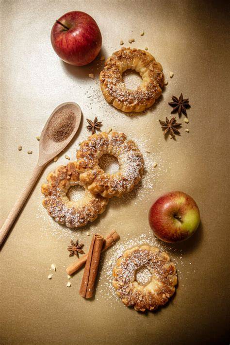 apfel schoko ringe - hero-aufnahme, zutaten und fertige ringe