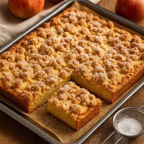 apfelblechkuchen mit streuseln, frisch gebacken