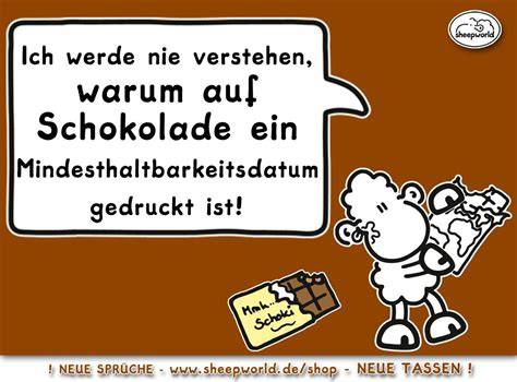 bunte sheepworld-Schafe mit Schokolade und typischem Spruch