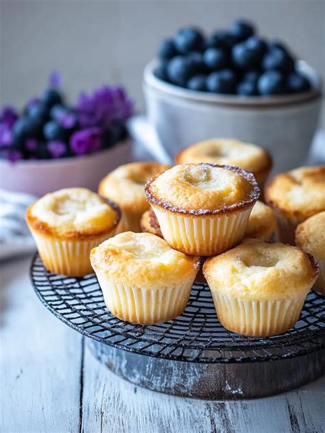 fertige kaesekuchen muffins ohne boden mit puderzucker und beeren