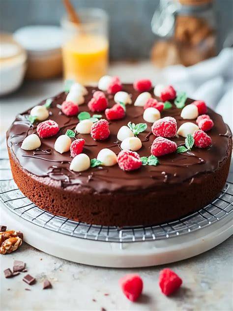 fertiger schokoladenkuchen auf tisch, einfach dekoriert