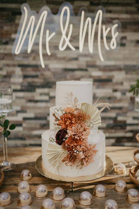 festlich dekorierte Kinderriegel Hochzeitstorte auf einem Tisch mit Blumen