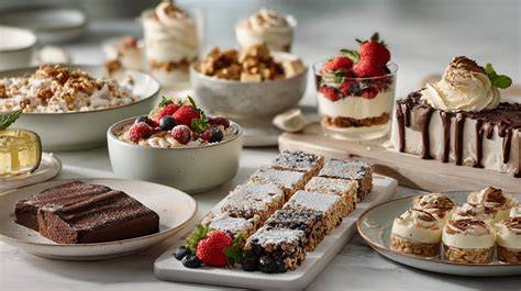 festlicher Nachtischtisch mit verschiedenen Desserts für große Gruppe