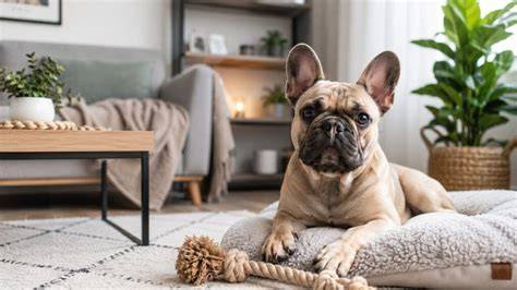 französische bulldogge im wohnzimmer
