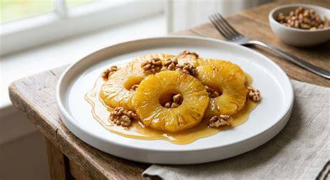 frisch gebackene Ananas mit Honig und Nüssen auf einem Dessert-Teller angerichtet