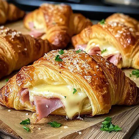 frisch gebackene kaese schinken croissants auf blech