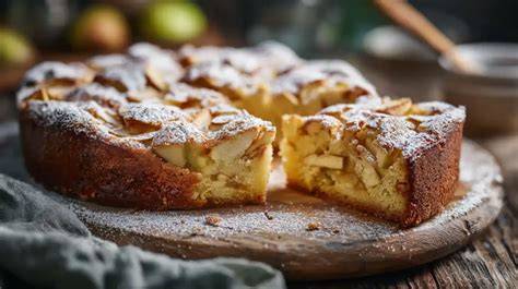 frisch gebackener Apfelkuchen mit Streuseln auf Holzbrett