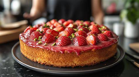frisch gebackener Erdbeerkuchen mit Schokobiskuit auf Tortenplatte, daneben frische Erdbeeren