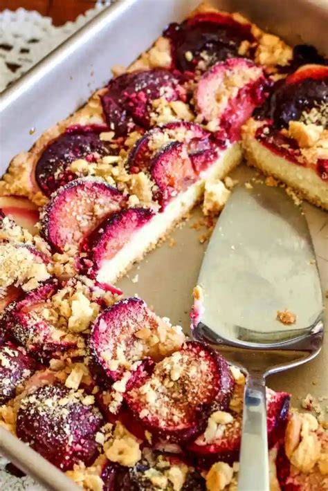 frisch gebackener Pflaumenkuchen mit Quark-Öl-Teig auf dem Blech
