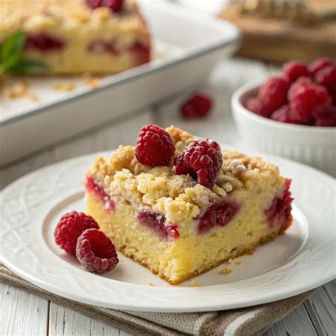 frische Himbeeren und Streuselkuchen auf Holzbrett