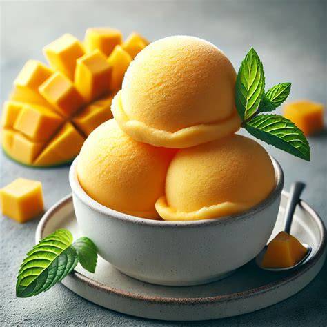 frische Mangos, Sorbet unterschiedlich serviert