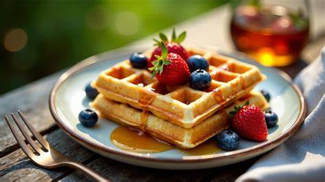 frische glutenfreie vegane Waffeln mit Früchten und Ahornsirup auf Teller