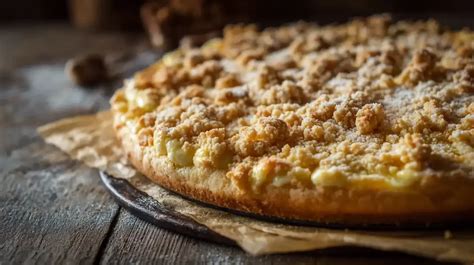 frischer Kirmeskuchen mit Puderzucker und Kaffee