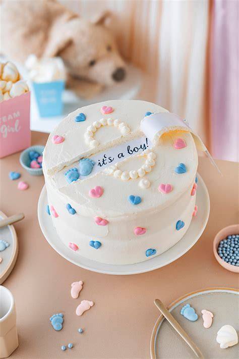 gender reveal torte: biskuit mit weißem rand und rosa/blauer füllung schematisch