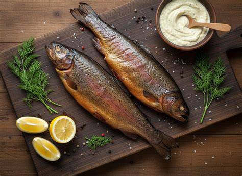 geräucherte Lachsforelle auf Holzbrett mit Dill