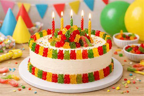 geschichtete Gummibärchen‑Torte mit farbigen Cremeschichten