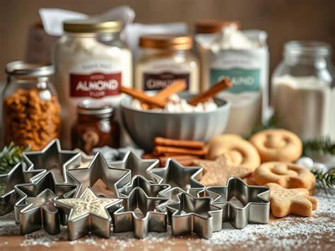 glutenfreie Weihnachtskekse und Ausstecher auf einem Brett