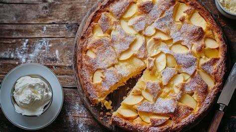 herbstlicher Apfelkuchen auf rustikalem Holzbrett