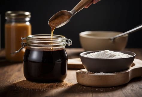 jar of molasses and spoon mixing with sugar