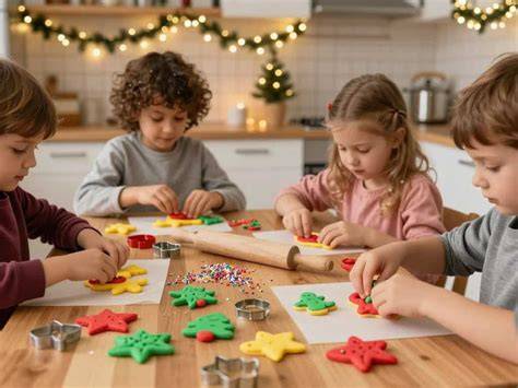 kinder beim gemeinsam plätzchen backen und verzieren in kleiner küche