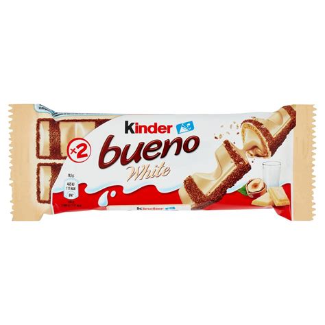 kinder bueno White Riegel aufgeschnitten: Waffel, Milchhaselnusscreme, weiße Schokolade