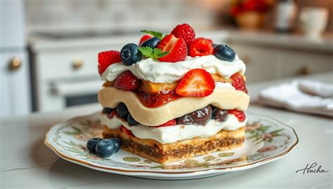 klassische Topfenpudding-Füllung, angerichtet mit frischen Früchten