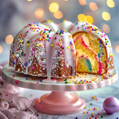 klassischer Marmorkuchen mit bunter Deko auf einer Platte