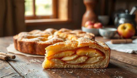 klassischer apfelkuchen mit apfelspalten, kuchenform und einfache zutaten