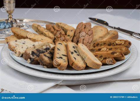 kleiner teller mit verschiedenen italienischen keksen und mousse