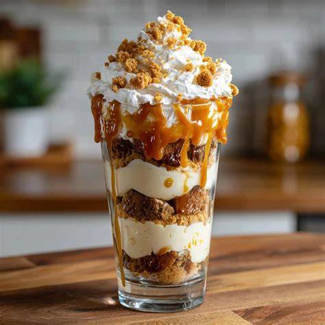 kleines Glas Karamellsauce neben Parfait