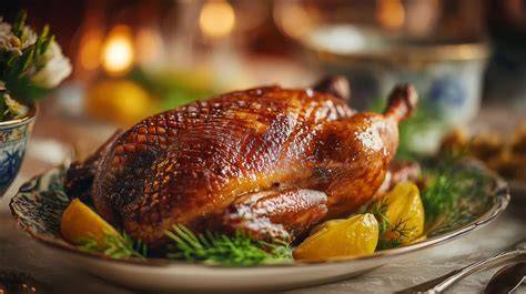 knusprige Ente mit Honigkruste auf festlicher Tafel