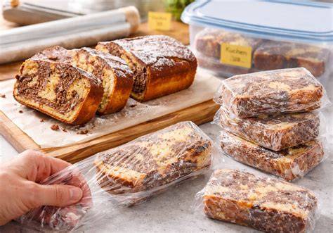 luftig verpackter Rührkuchen, Portionen nebeneinander, Einfrieren in Gefrierbeutel