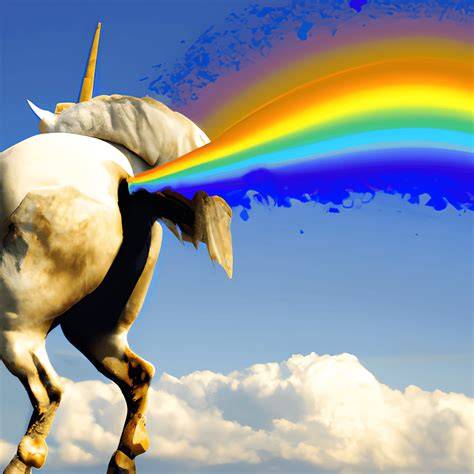 magische Darstellung: Einhorn, das sich unter einem Regenbogen ernährt