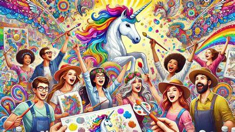 moderne Popkultur-Illustration: Menschen und Einhörner umgeben von Regenbogen und Herzsymbolik