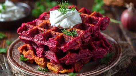 pinke kinderfreundliche rote-bete-waffeln auf teller mit obst und kräuterdip