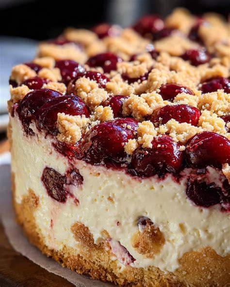 quark kaesekuchen mit kirschen anschnitt auf teller