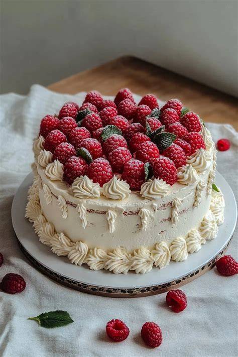 schöne Dekoration einer Drei-Tage-Torte mit frischen Himbeeren