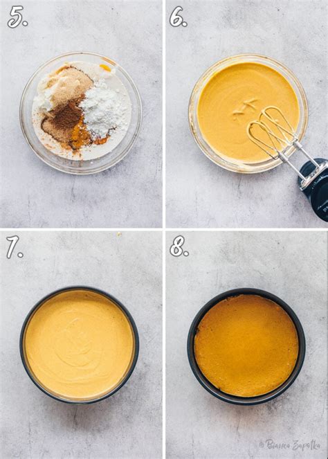 schrittweise zubereitung veganer kürbis-käsekuchen: boden, füllung, wasserbad, fertig