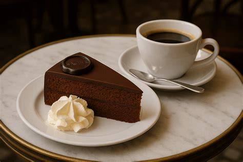 servierte Sachertorte mit Schlagobers und Kaffee