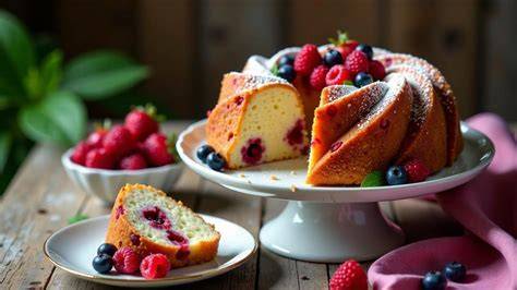 servierter Gugelhupf auf Kuchenplatte mit Vanillesoße und Beeren